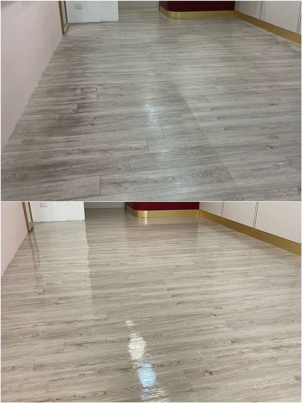 The same grey wood-look vinyl floor in a commercial unit shown before, at the top, and straight after a machine scrub, at the bottom